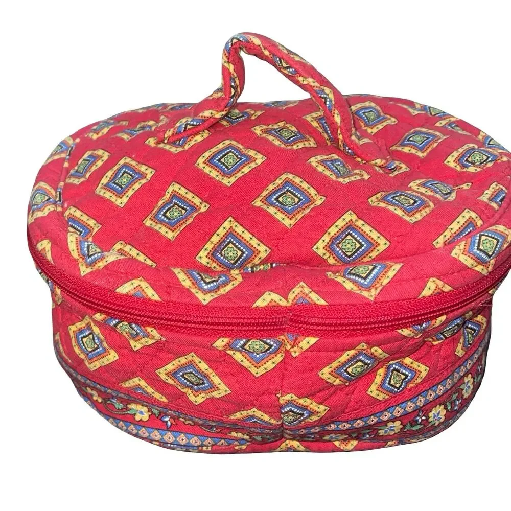 Vera Bradley Round Train Case Villa Red Quilted Cotton Makeup Cosmetic Bag VTG